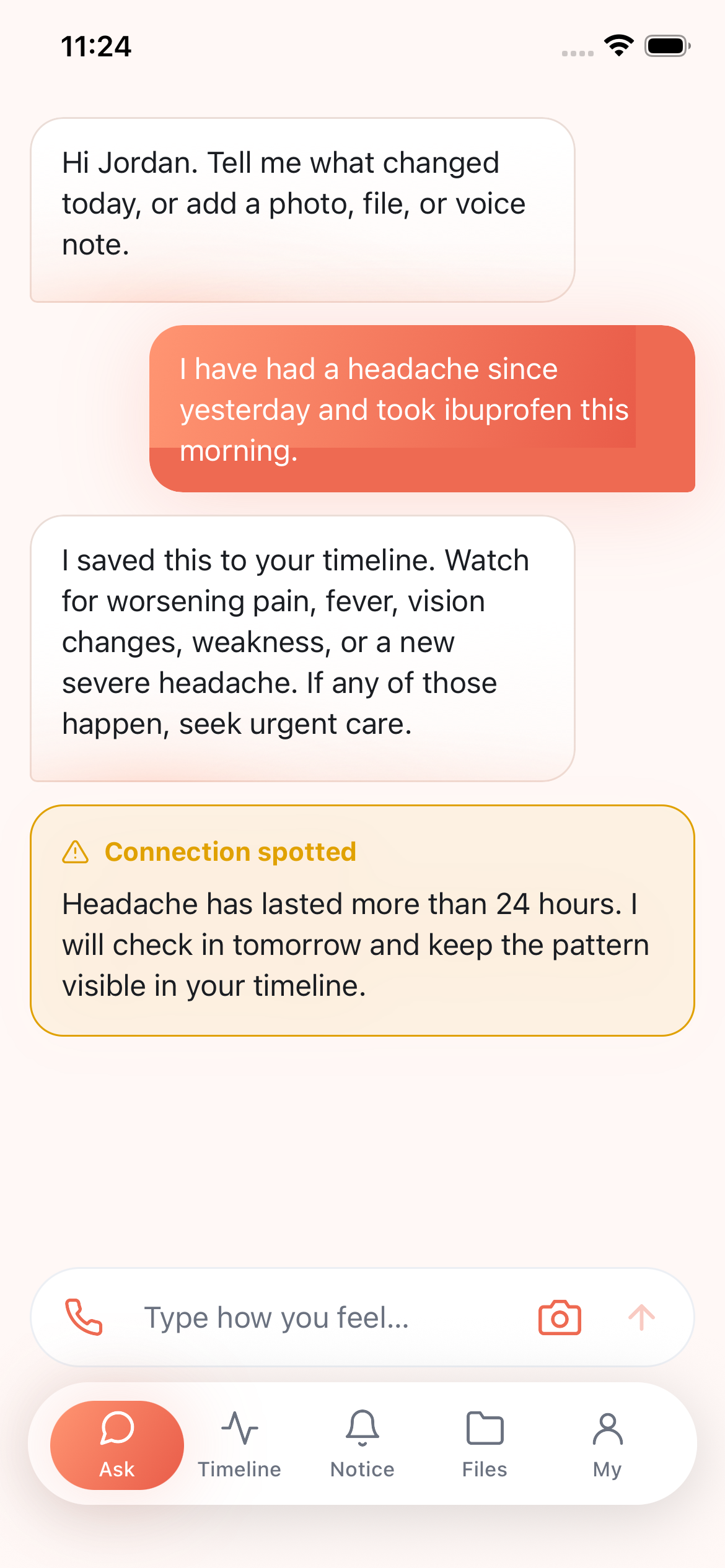 Medex Ask screen showing a health conversation and connection alert