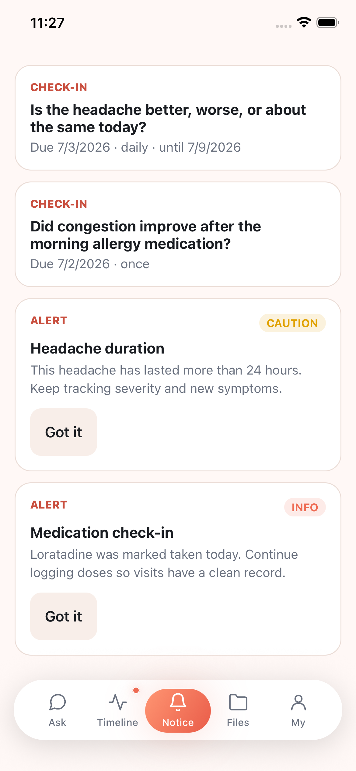 Medex Notice screen showing check-ins and alerts