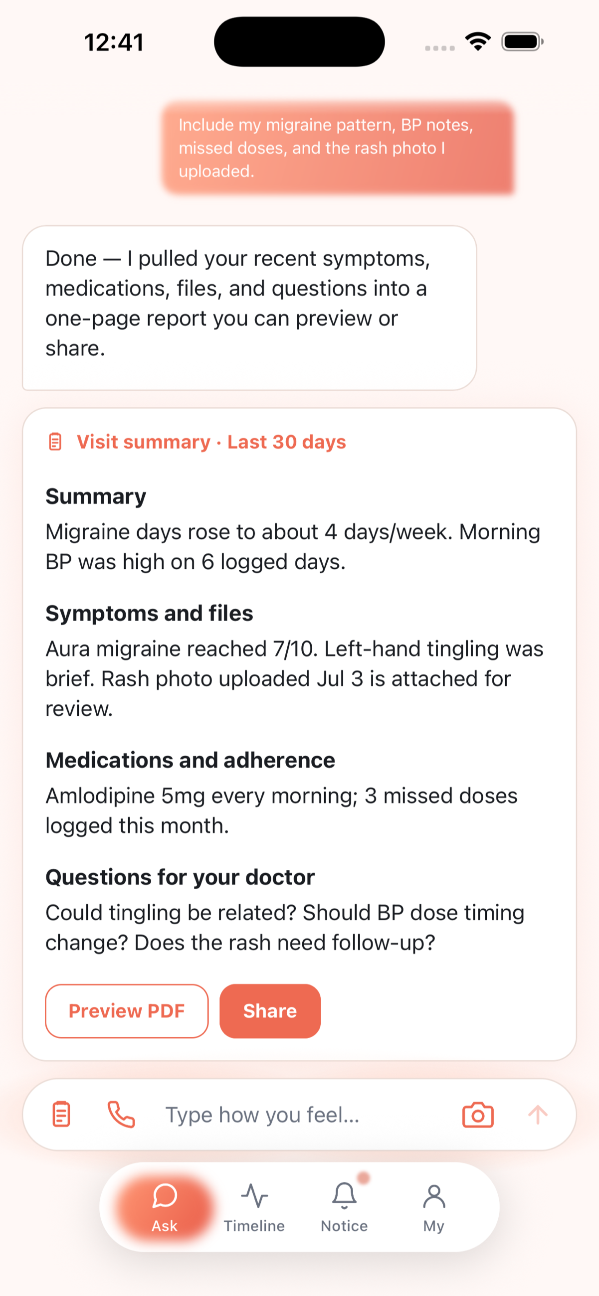 Medex visit summary chat showing a one-page doctor-visit report with PDF preview and share actions